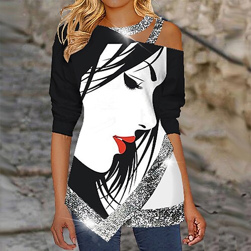 

Women's Blouse Shirt White Portrait Sequins Cut Out Long Sleeve Daily Weekend Streetwear Casual Round Neck Regular Portrait S / 3D Print