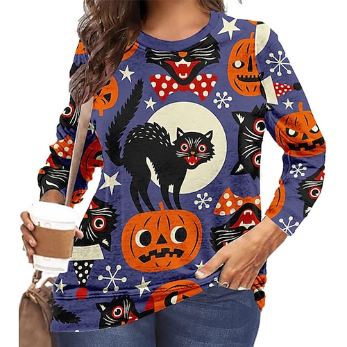 

Women's Plus Size Tops Blouse T shirt Tee Skull Cat Print Long Sleeve Crewneck Casual Halloween Halloween Going out Polyester Fall Winter Green Black