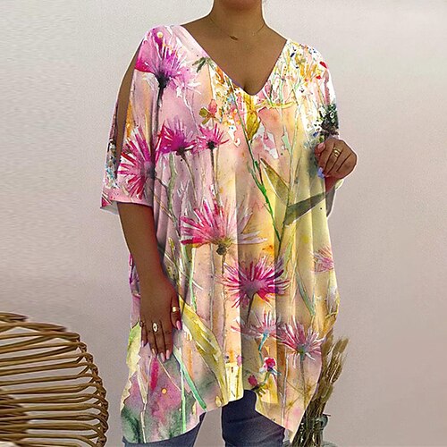 

Women's Plus Size Tops T shirt Tee Floral Graphic Print Half Sleeve V Neck Casual Daily Vacation Polyester Fall Winter White Blue / Butterfly