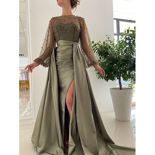 

Mermaid / Trumpet Evening Gown Sexy Dress Formal Court Train Long Sleeve Jewel Neck Charmeuse with Pearls Slit Overskirt 2022