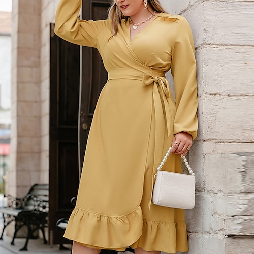 

Women's Casual Dress Shirt Dress Midi Dress Yellow Long Sleeve Pure Color Lace up Winter Fall V Neck Fashion Party Winter Dress Weekend 2022 Increase XXXL XL XXL 3XL