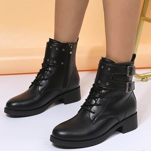 

Women's Boots Daily Combat Boots Plus Size Booties Ankle Boots Winter Chunky Heel Round Toe Casual PU Leather Zipper Black