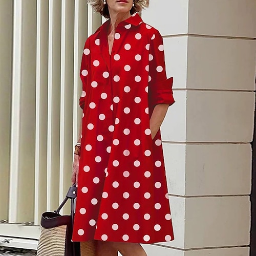 

Women's Shirt Dress Shift Dress PolkaDotDress Mini Dress Black Red Blue Long Sleeve Polka Dot Patchwork Winter Fall Shirt Collar Fashion Winter Dress Fall Dress Loose Fit 2023 S M L XL XXL