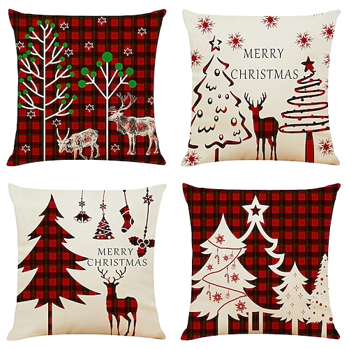 

Christmas Party Double Side Cushion Cover 4PC Tree Reindeer Soft Decorative Square Cushion Case Pillowcase for Bedroom Livingroom Sofa Couch Chair