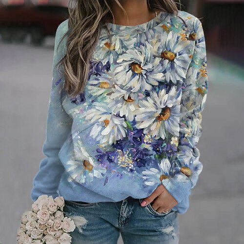 

Women's Sweatshirt Pullover Floral Print Daily Sports 3D Print Active Streetwear Hoodies Sweatshirts Blue