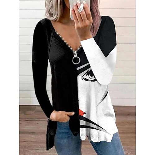 

Women's T shirt Tee Black Portrait Quarter Zip Print Long Sleeve Casual Weekend Basic V Neck Long Portrait Painting S