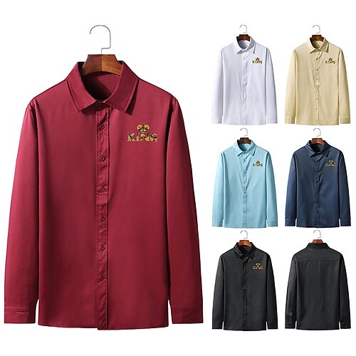 

Men's Dress Shirt Letter Turndown Wine Khaki Navy Blue Light Blue White Print Daily Work Long Sleeve Button-Down Clothing Apparel Fashion Business Work Formal