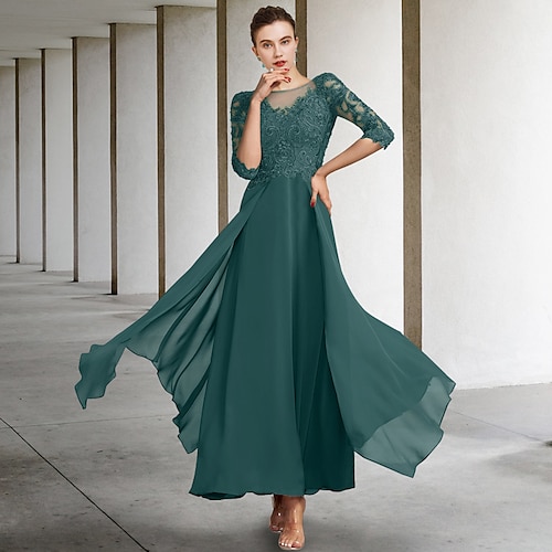 

A-Line Mother of the Bride Dress Plus Size Elegant Jewel Neck Ankle Length Chiffon Lace Half Sleeve with Pleats Appliques 2022