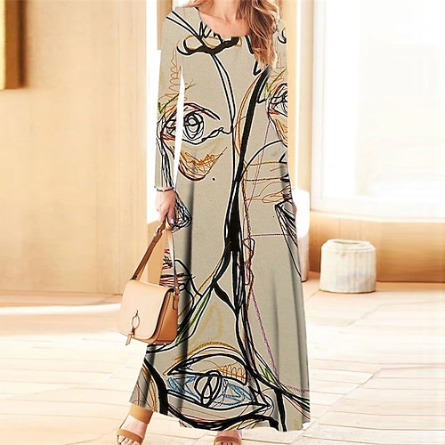 

Women's Casual Dress A Line Dress Maxi long Dress Khaki Long Sleeve Abstract Pocket Print Fall Winter V Neck Casual Vacation 2022 S M L XL XXL 3XL