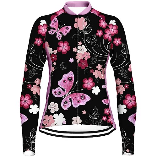 

21Grams Women's Cycling Jersey Long Sleeve Bike Jersey Top with 3 Rear Pockets Mountain Bike MTB Road Bike Cycling Breathable Quick Dry Moisture Wicking Reflective Strips Black Butterfly Floral