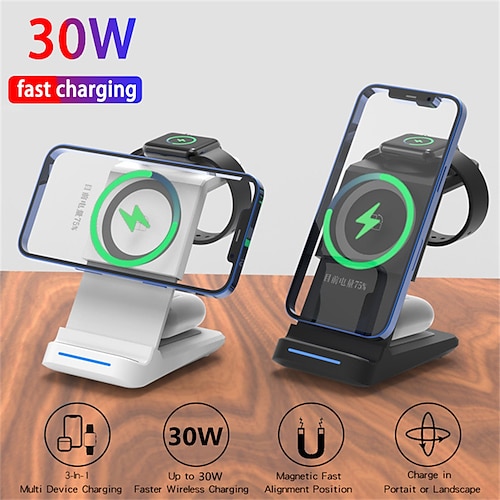 

30W Magnetic Wireless Charger Stand For IPhone 13 12 11 XR 8 Apple Watch 3 In 1 Qi Fast Charging Dock for Airpods Pro IWatch 7 6