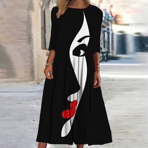 

Women's Casual Dress Shift Dress Midi Dress White Black 3/4 Length Sleeve Abstract Ruched Print Fall Winter Round Neck Vacation Casual 2022 S M L XL XXL 3XL