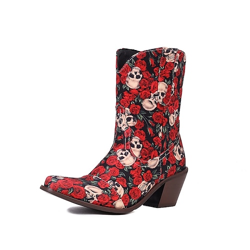 

Women's Boots Cowboy Boots Booties Ankle Boots Chunky Heel Pointed Toe Vintage Daily PU Leather Loafer Fall Winter Floral Color Block Black Purple Red
