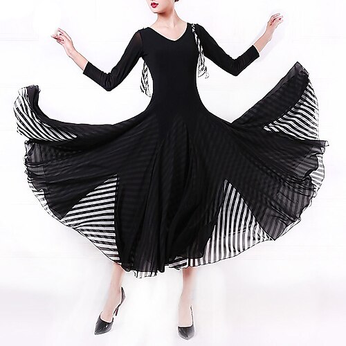 

Ballroom Dance Dress Split Joint Women's Training Performance 3/4 Length Sleeve Natural Crystal Cotton Imitation Silk