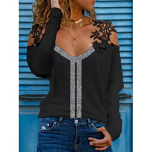

Women's T shirt Tee Plain Casual Weekend T shirt Tee Long Sleeve Cut Out Cold Shoulder V Neck Basic Black S
