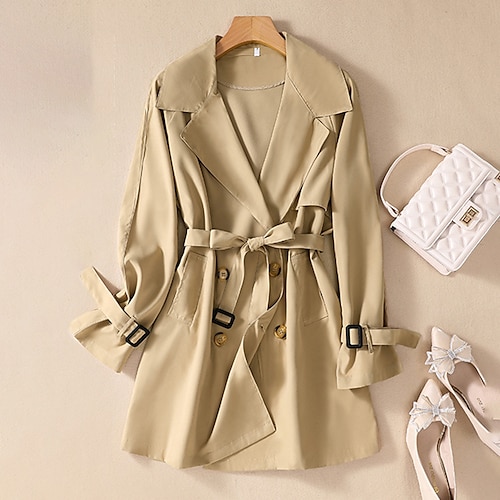 

Women's Trench Coat Windproof Warm Outdoor Street Daily Vacation Lace up Button Double Breasted Turndown Fashion Modern Street Style Solid Color Regular Fit Outerwear Long Sleeve Winter Fall Black