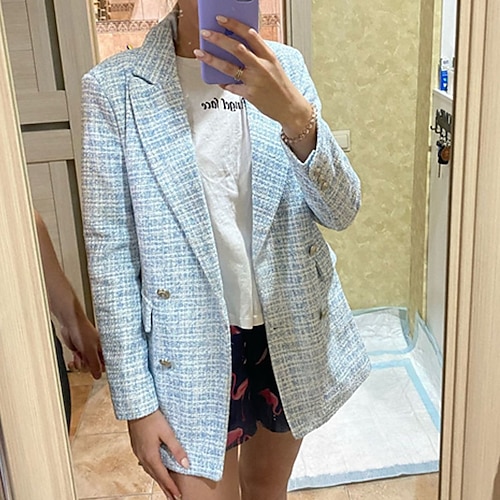 

Women's Blazer Windproof Warm Work Office / Career Street Going out Pocket Double Breasted Lapel Fashion OL Style Elegant Modern Plaid Regular Fit Outerwear Long Sleeve Winter Fall Light Blue Black