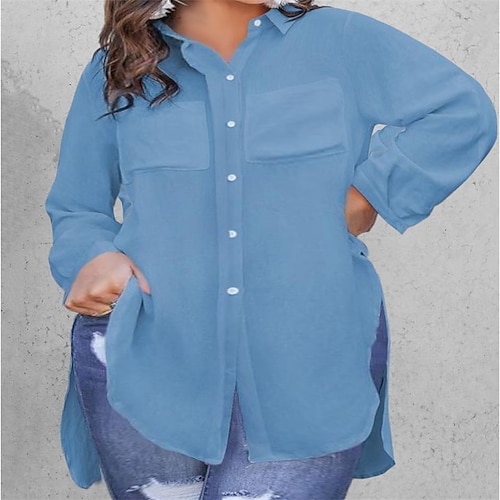 

Women's Plus Size Tops Blouse Shirt Plain Long Sleeve Shirt Collar Elegant Daily Going out Polyester Fall Winter White Blue