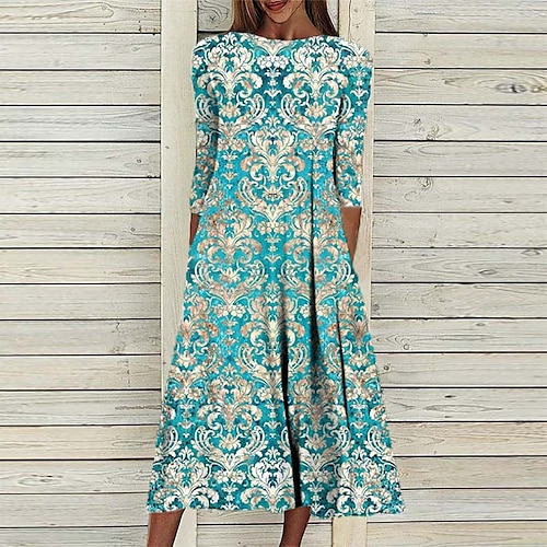 

Women's Casual Dress Shift Dress Midi Dress Blue 3/4 Length Sleeve Floral Ruched Print Fall Winter Round Neck Vacation Casual 2022 S M L XL XXL 3XL