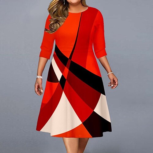 

Women's Plus Size Work Dress Color Block Round Neck Print 3/4 Length Sleeve Fall Winter Stylish Work Elegant Midi Dress Daily Going out Dress