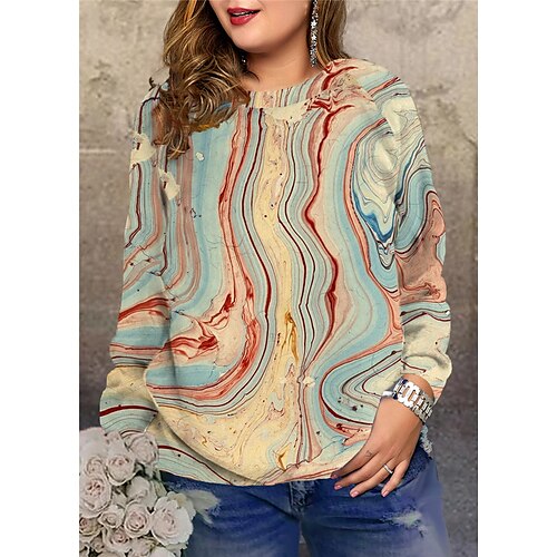 

Women's Plus Size Tops Pullover Sweatshirt Color Gradient Print Long Sleeve Round Neck Streetwear Daily Vacation Polyester Fall Winter khaki