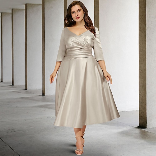 

A-Line Plus Size Curve Mother of the Bride Dresses Vintage Dress Formal Tea Length Sleeveless V Neck Satin with Ruched 2022