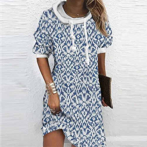 

Women's Hoodie Dress Shift Dress Short Mini Dress Blue Long Sleeve Geometric Print Fall Winter Hooded Vacation Casual 2022 S M L XL XXL 3XL / 3D Print
