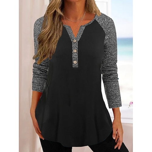 

Women's Blouse T shirt Tee Tunic Black Color Block Button Flowing tunic Long Sleeve Daily Weekend Basic V Neck Long S