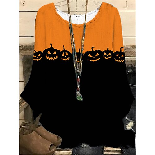 

Women's Plus Size Tops Blouse Shirt Pumpkin Print Long Sleeve Crewneck Casual Halloween Halloween Vacation Polyester Fall Winter Yellow