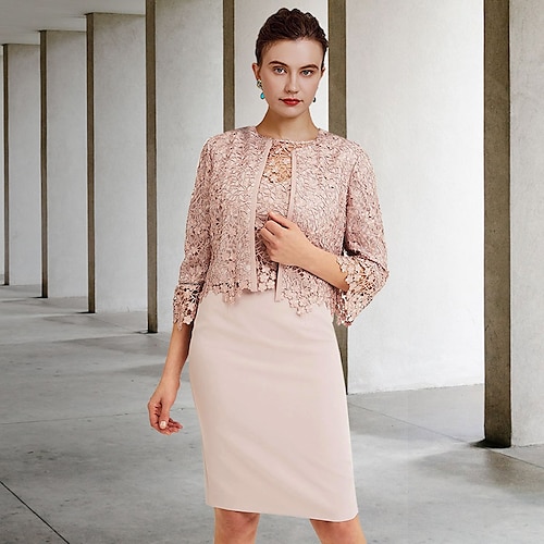 

Two Piece Sheath / Column Mother of the Bride Dress Elegant Jewel Neck Knee Length Chiffon Lace Short Sleeve Short Jacket Dresses with Ruffles Appliques 2022