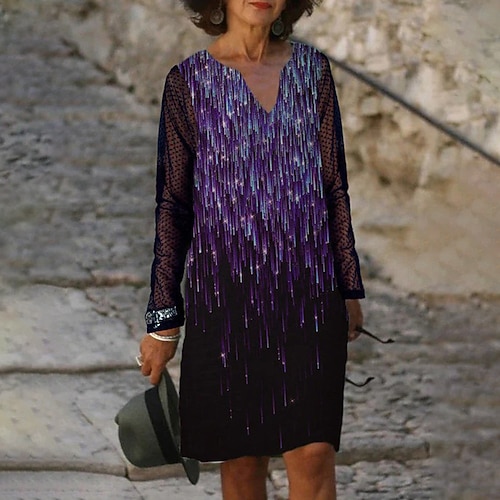 

Women's Casual Dress Shift Dress Knee Length Dress White Purple Silver Gold Red Long Sleeve Color Gradient Print Fall Winter V Neck Casual Mature 2022 S M L XL 2XL 3XL 4XL 5XL