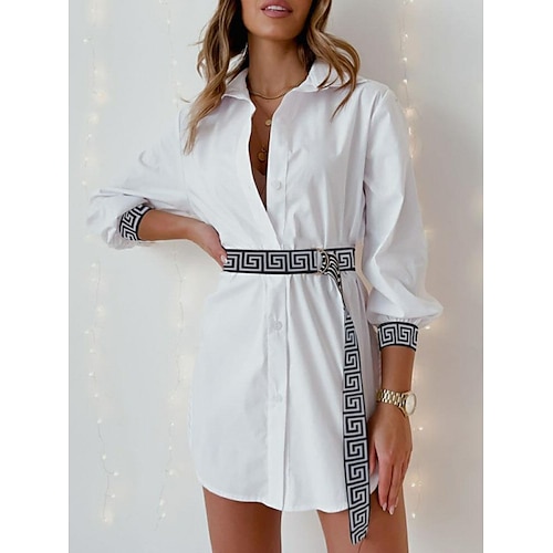 

Women's Casual Dress Shirt Dress Shift Dress White Long Sleeve Geometric With Belt Winter Fall Autumn Shirt Collar Winter Dress Fall Dress 2022 S M L XL