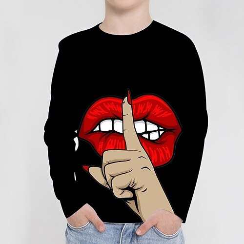 

Kids Boys Sweatshirt Lip Outdoor 3D Print Long Sleeve Crewneck Active 3-12 Years Winter Black