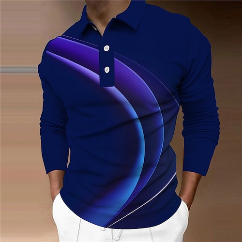 

Men's Collar Polo Shirt Golf Shirt Gradient Turndown Navy Blue 3D Print Street Casual Long Sleeve Button-Down Print Clothing Apparel Fashion Designer Casual Breathable