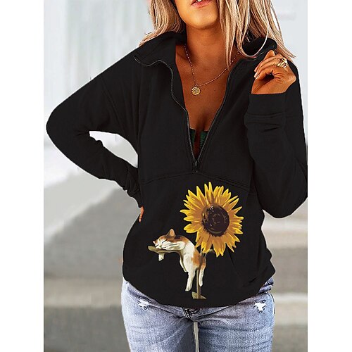 

Women's Sweatshirt Pullover Cat Sunflower Front Pocket Quarter Zip Print Daily Sports 3D Print Active Streetwear Clothing Apparel Hoodies Sweatshirts White Black