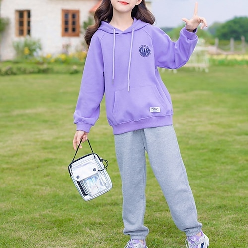 

2 Pieces Kids Girls' Hoodie Pants Clothing Set Outfit Solid Color Long Sleeve Cotton Set Vacation Cute Casual Winter Fall 3-13 Years Purple Pink