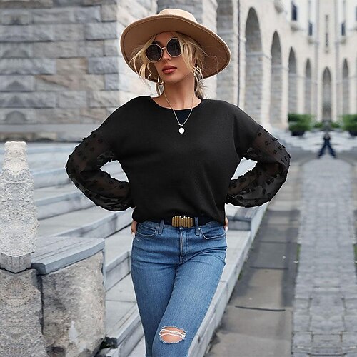 

autumn/winter products solid color top women's black lace stitching knit sweater