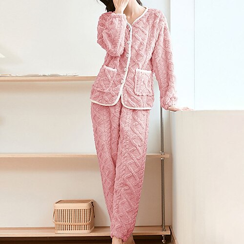 

Women's Pajamas Winter Sets Nighty Pjs 2 Pieces Pure Color Comfort Soft Plush Home Daily Vacation Flannel Warm V Wire Long Sleeve Pant Button Pocket Winter Fall Pink Beige