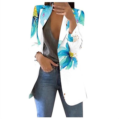 

Women's Blazer Warm Breathable Office / Career Street Going out Pocket Print Cardigan Turndown Active OL Style Street Style Flower Regular Fit Outerwear Long Sleeve Winter Fall Black Blue Gold S M L