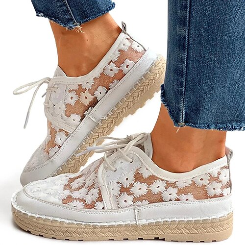 

Women's Sneakers Party Daily Lace Flat Heel Round Toe Casual Sweet Lace Lace-up Solid Colored Apricot White