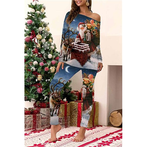 

Women's ChristmasPjs Pajamas Sets 2 Pieces Santa Claus Comfort Soft Home Bed Cotton Spandex Jersey Long Sleeve T shirt Tee Pant Elastic Waist Winter Fall Blue White