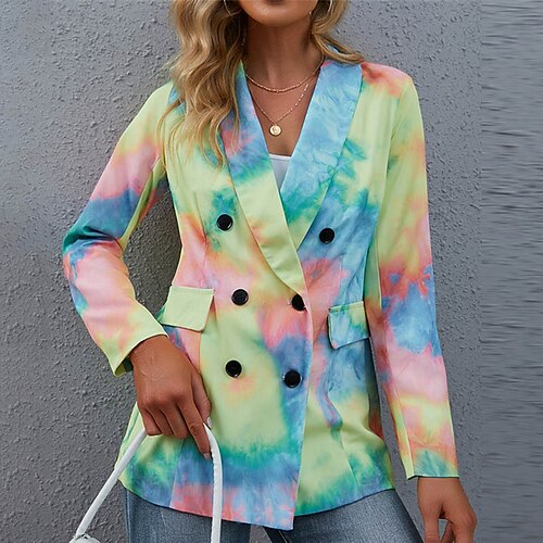 

Women's Blazer Warm Breathable Outdoor Office Work Pocket Print Double Breasted Turndown OL Style Elegant Modern Tie Dye Regular Fit Outerwear Long Sleeve Winter Fall Yellow S M L