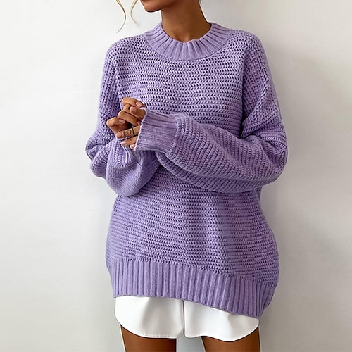 

Women's Pullover Sweater Jumper Ribbed Knit Knitted Pure Color Crew Neck Stylish Casual Outdoor Daily Fall Winter Purple Orange S M L / Long Sleeve