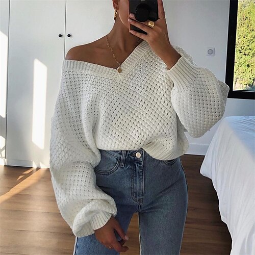 

Women's Pullover Sweater jumper Jumper Cable Knit Knitted Pure Color V Neck Stylish Casual Outdoor Daily Winter Fall Purple White One-Size / Long Sleeve / Holiday / Regular Fit / Going out
