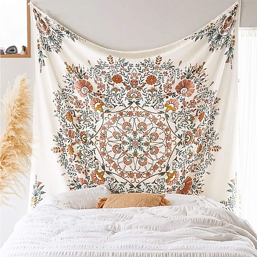 

Mandala Flower Tapestry Wall Hanging - Bohemian Hippie White Tapestry Sketched Floral Print Tapestries for Home Bedroom Wall Decor