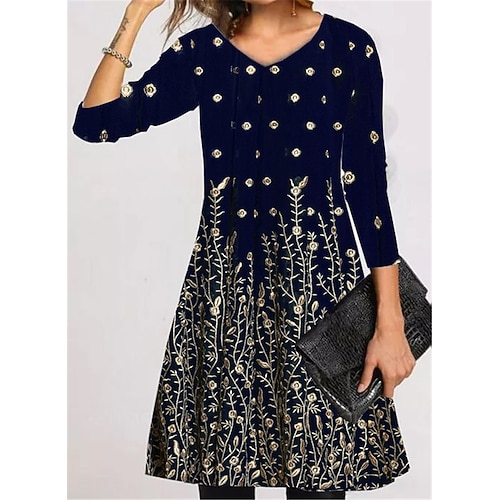 

Women's Casual Dress T Shirt Dress Tee Dress Short Mini Dress Navy Blue Long Sleeve Floral Pocket Print Fall Winter V Neck Vacation Casual 2022 S M L XL XXL 3XL