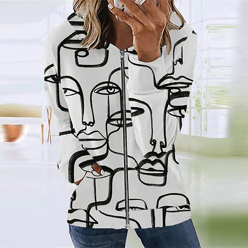 

Women's Casual Jacket Warm Breathable Outdoor Street Going out Casual Daily Zipper Pocket Print Zipper Hoodie Preppy Style Abstract Regular Fit Outerwear Long Sleeve Winter Fall White S M L XL XXL 3XL