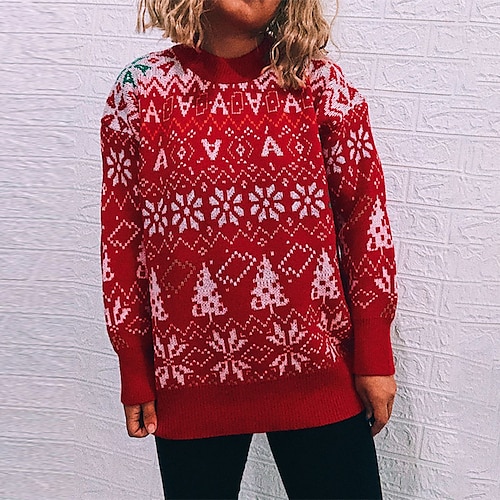 

Women's Ugly Sweater Pullover Sweater Jumper Ribbed Knit Knitted Snowflake Crew Neck Stylish Casual Christmas Daily Fall Winter White Red S M L / Long Sleeve