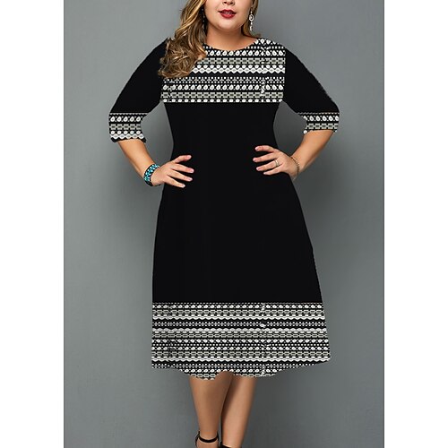 

Women's Plus Size Work Dress Geometric Crew Neck 3/4 Length Sleeve Fall Winter Work Formal Midi Dress Daily Vacation Dress / 3D Print