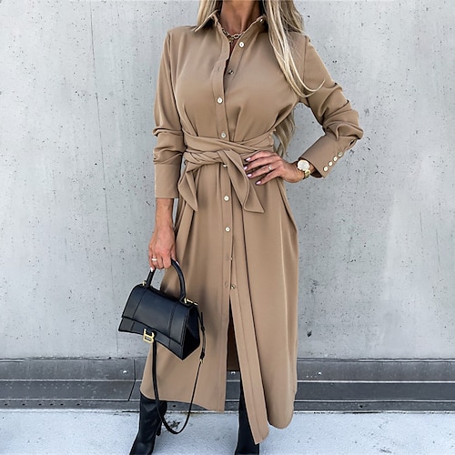 

Women's Casual Dress Shirt Dress Swing Dress Midi Dress Green Black Khaki Long Sleeve Pure Color Lace up Winter Fall Autumn Shirt Collar Modern Winter Dress Weekend Fall Dress S M L XL XXL 3XL